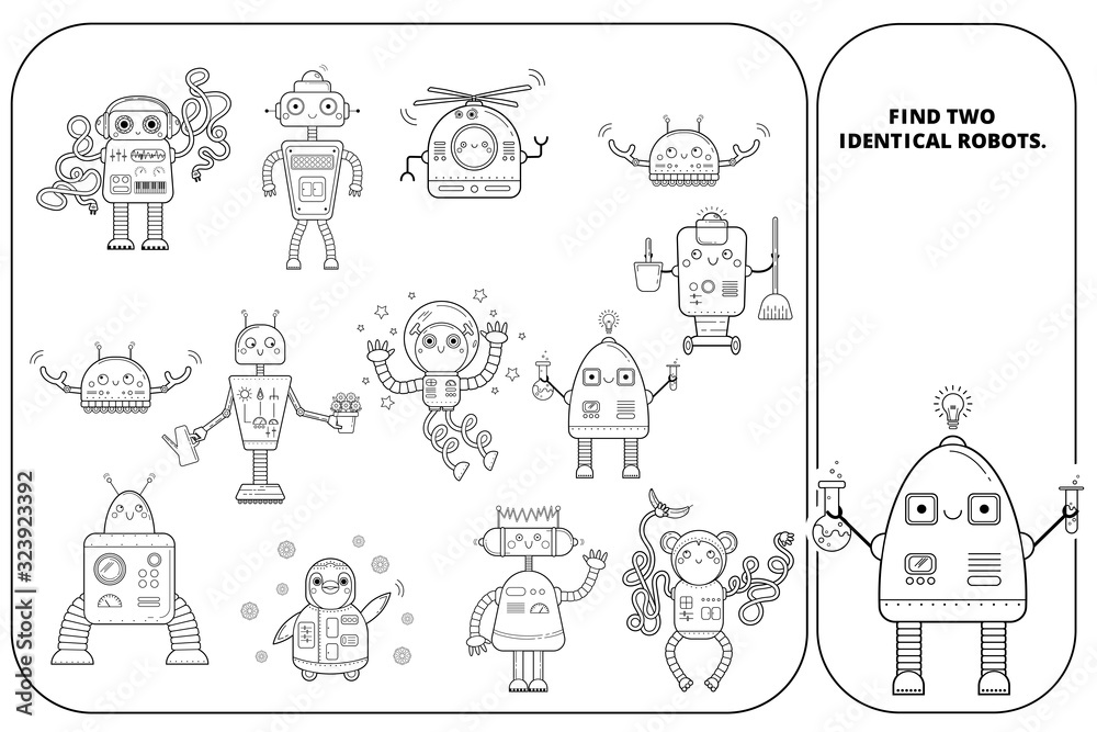 Coloring outline visual puzzle page for preschool kids. Find identical images game. Robots for children. Black and white