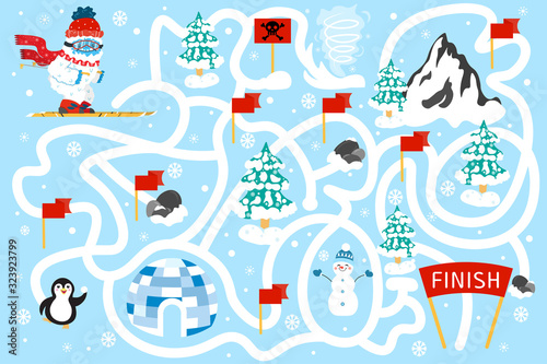 Find the shortest way to Finish. Color maze or labyrinth game for preschool children. Puzzle. Tangled road. Cute snow yeti skiing. Winter holidays, activities and sport for kids