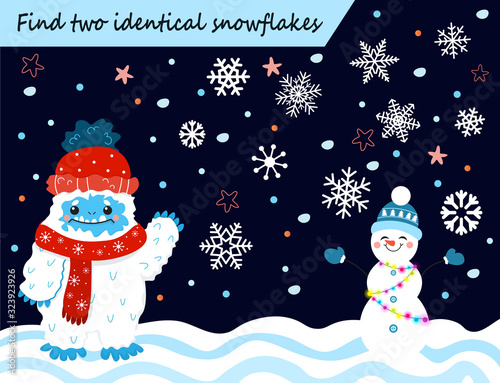 Color visual puzzle page for preschool kids. Find identical images game. Cute cartoon snow yeti, snowflakes and winter holidays for children