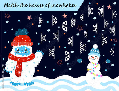 Color visual puzzle page for preschool kids. Match or find the halves of images game. Cute cartoon snow yeti, snowflakes and winter holidays for children