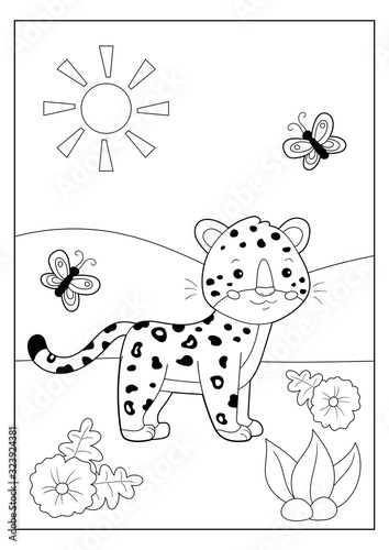 Coloring page or book for kids. Cute cartoon leopard with butterfly. Safari tropical animals. Vector character. Educational game.