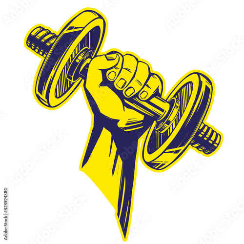 arm, strong hand holding a dumbbell, icon cartoon hand drawn vector illustration sketch