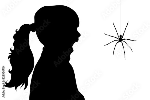 Vector silhouette of girl who fear spider on white background. Symbol of danger insect who people scary.