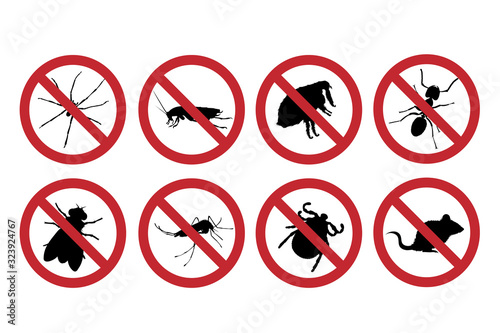 Vector silhouette of collection no insect mark on white background. Symbol of stop annoying insect and protection.