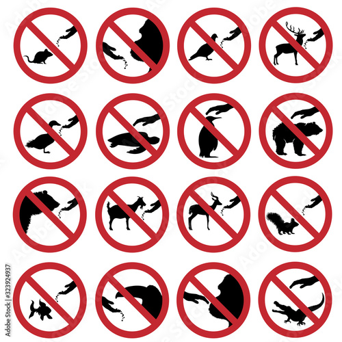 Vector silhouette collection of do not touch and feeding animals mark on white background. Symbol of prohibition.