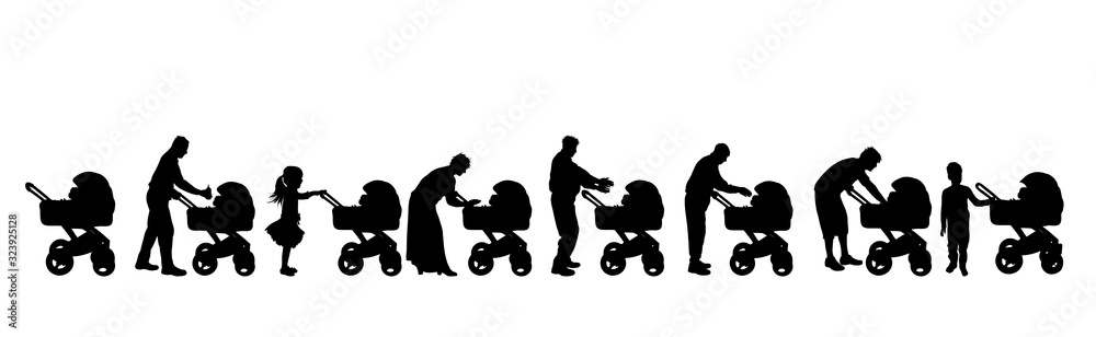 Vector silhouette of collection of people with baby carriage on white background. Symbol of family.