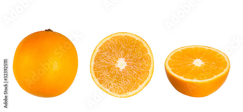 Whole and orange slices isolated on a white background. Close up