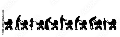 Vector silhouette of collection of people with baby carriage on white background. Symbol of family.