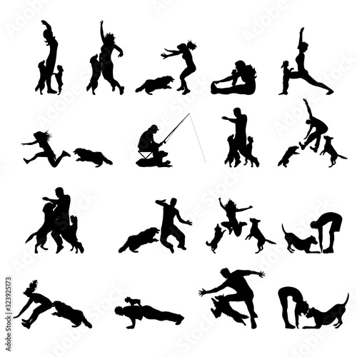 Vector silhouette of collection of people plays with dog on white background. Symbol of pets and friendship.