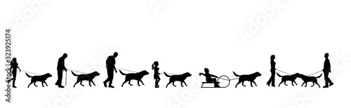 Vector silhouette of collection of people walks with dog on white background. Symbol of pets and friendship.
