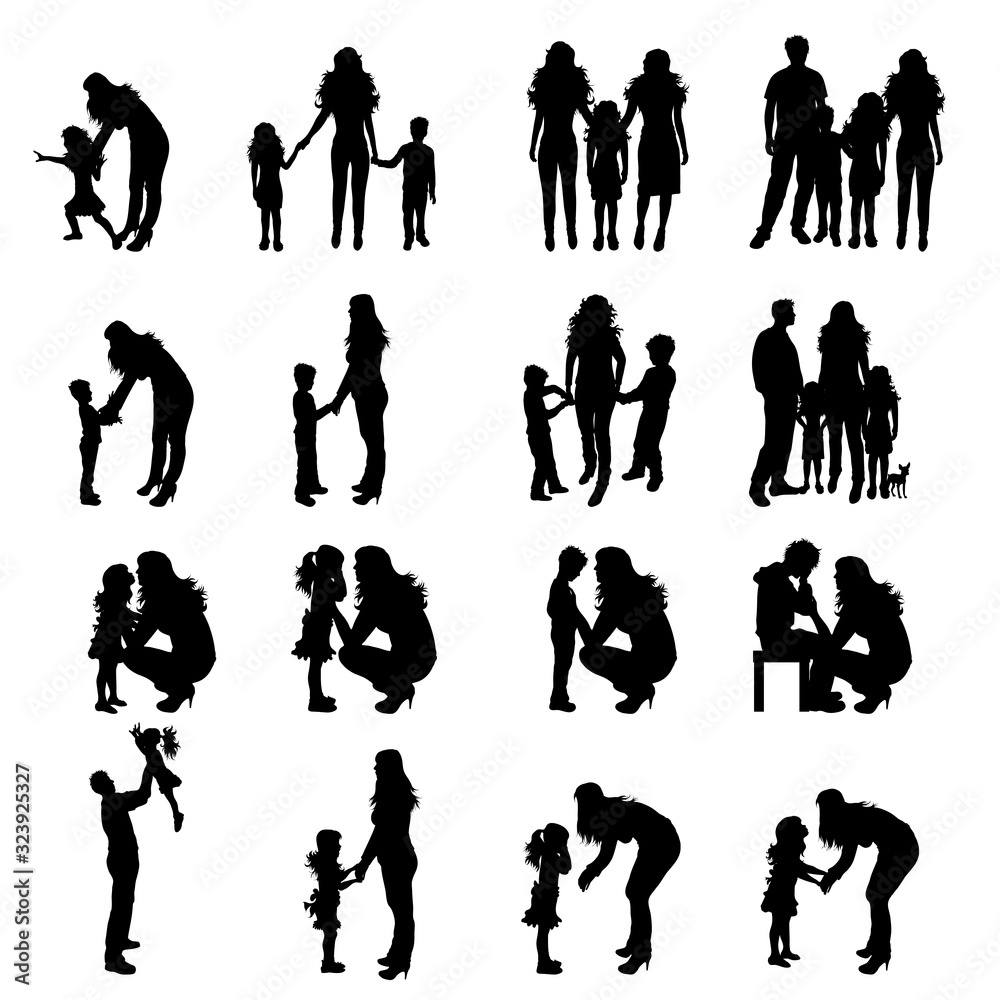 Vector silhouette of collection of family in different pose on white background. Symbol maternity and upbringing.