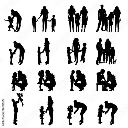 Vector silhouette of collection of family in different pose on white background. Symbol maternity and upbringing.