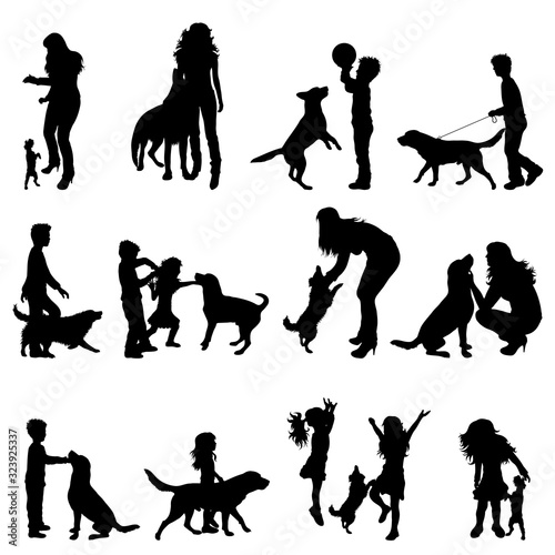 Vector silhouette of collection of people plays with dog on white background. Symbol of pets and friendship.