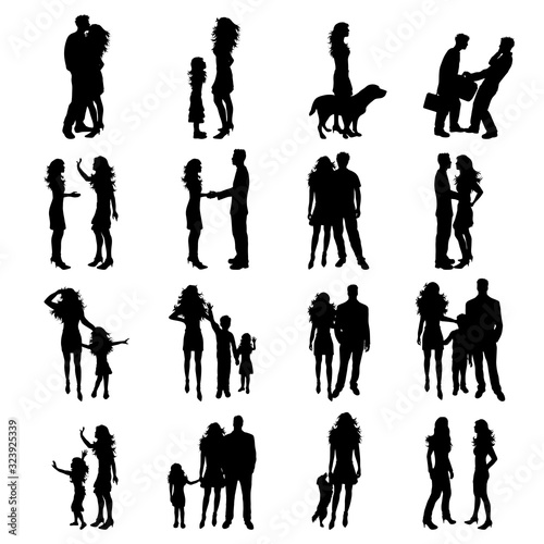Vector silhouette of collection of people in different pose on white background. Symbol group and couple.