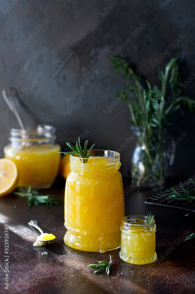 Fototapeta premium Homemade lemon jam with fresh lemons and sugar.