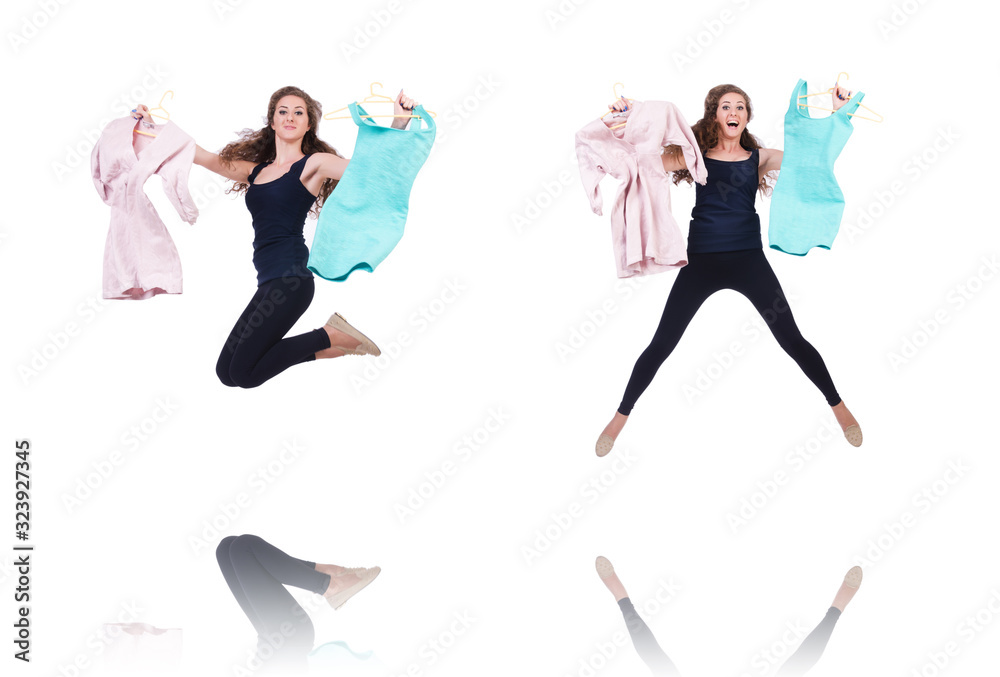 Woman trying new clothing on white