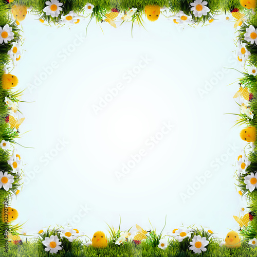 Easter background  cheerful flowers  Easter green and blue with yellow  Concept  screen  postcard  wallpaper  fresh and cheerful  frame  space for text  hidden eggs  Easter bunny and Easter chick
