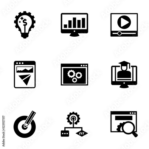 9 optimization filled icons set isolated on white background. Icons set with Marketing solutions, SEO monitoring, Video marketing, Landing page, back end, eCommerce Strategy icons.