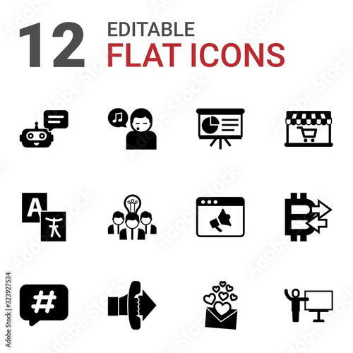 12 speech filled icons set isolated on white background. Icons set with Chat Bot, Singing, Presentation, Translation service, Collaborative idea, Audio Conference, Hashtag icons.