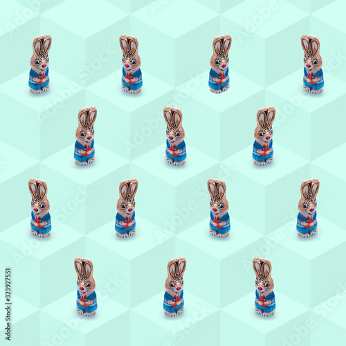 Easter bunny on a blocked cube background, chocolate Easter bunny, Concept, screen, postcard, wallpaper, fresh and cheerful, Pattern, tile background, flat lay design