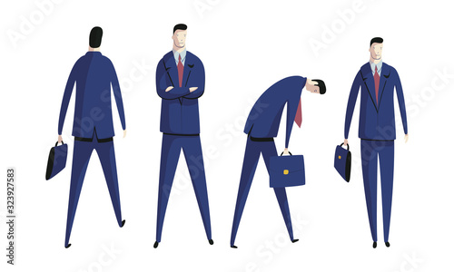 Young Man Wearing Formal Suit Walking with Suitcase to Work and Standing with His Arms Folded on His Chest Vector Set