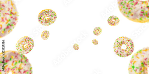 Flying food. Glazed sweet doughnut falling on white background. Treat from delicious pastry breakfast.
