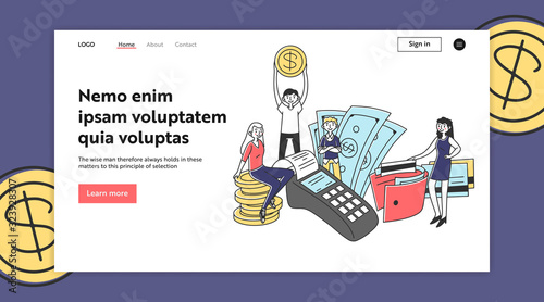 Customers paying for purchase. Money, cash, credit card, wallet, POS terminal flat vector illustration. Payment, transaction, finance concept for banner, website design or landing web page