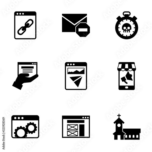 9 interface filled icons set isolated on white background. Icons set with Web Link, Spam, deadline, web services, Landing page, Mobile marketing, Website optimization, wireframe icons. photo