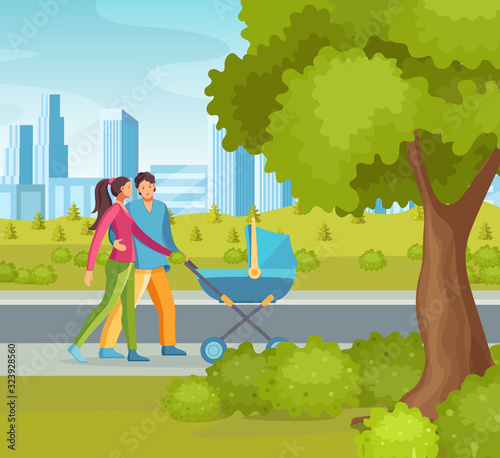 Happy In love family together walking with baby carriage. Family mom and dad walks around the city park together outdoors cartoon vector illustration
