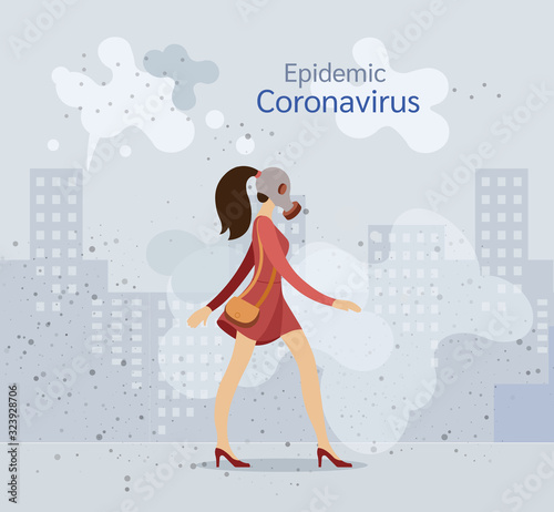 Coronavirus in China. New Wuhan coronavirus 2019-nCoV. Young woman in gas mask, protection against chinese virus vector illustration