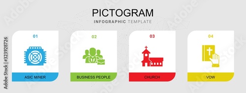 4 pictogram filled icons set isolated on infographic template. Icons set with ASIC Miner, business people, church, vow icons.