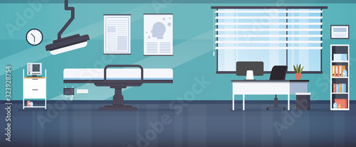 Doctor office interior. Hospital room with modern medical equipment, workplace, light. Vector illustration for examination, clinic, technology concept