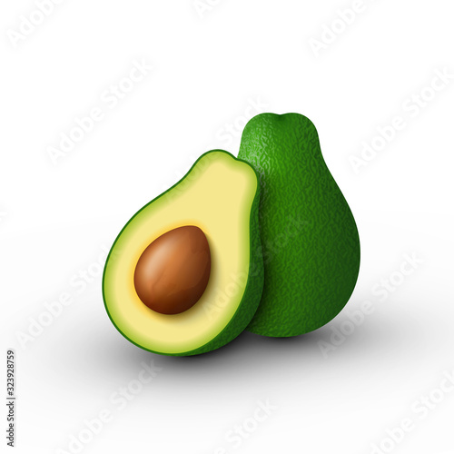 Realistic green avocado whole and cut in half avocado. Vector 3D illustration isolated on white background.