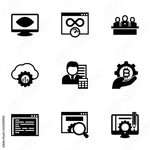 9 data filled icons set isolated on white background. Icons set with Computer Vision, Bandwidth, developers team, cloud computing, Accountant, fintech industry, coding icons.