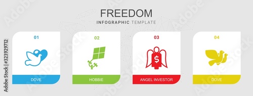 4 freedom filled icons set isolated on infographic template. Icons set with dove, Hobbie, Angel investor, Dove icons.