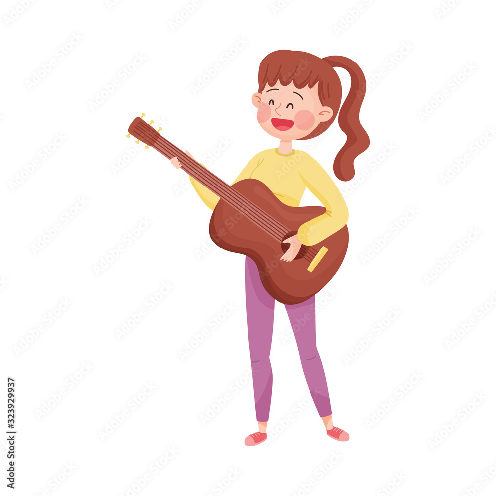 Young Girl Playing Guitar in the Street Vector Illustration Young Girl Playing Guitar in the Street Vector Illustration