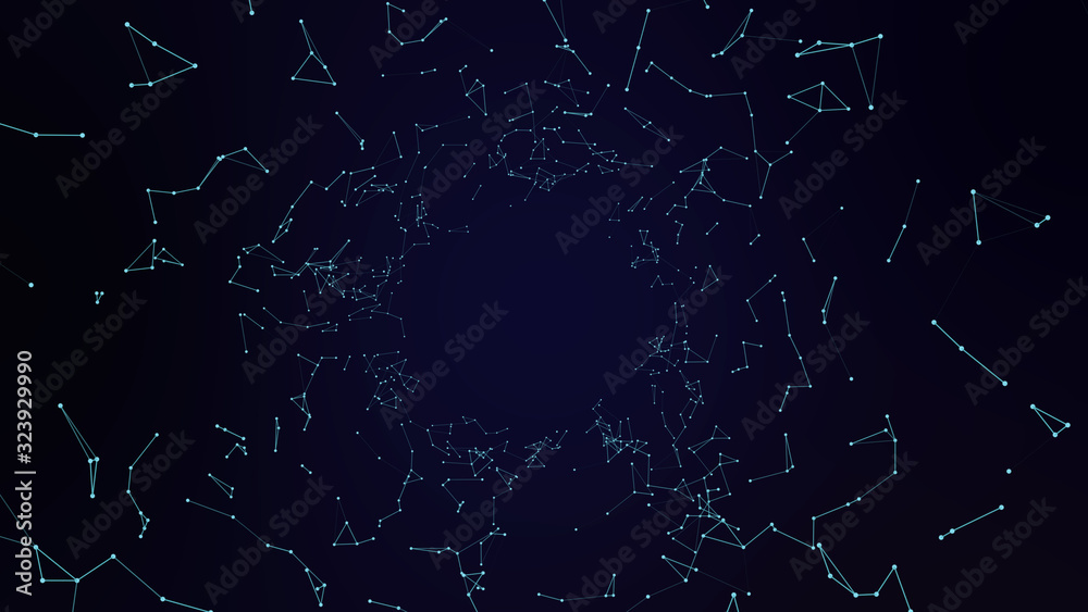 Abstract plexus illustration wallpaper background with copy space transformation dots line with futuristic innovation technology digital business network decentralize connection galaxy science concept