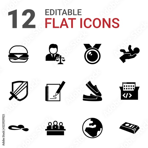 12 icon filled icons set isolated on white background. Icons set with burger, lawyer, medal, RPG, Sketching, babysitting service, woman hat, developers team, globe, gold bar icons.