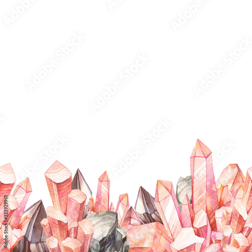 Watercolor gemstones repeating border. Crystal geode cluster pattern.