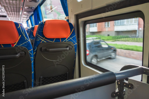 Bus seat. transport, car travel, tourism and equipment concept - tourist salon and bus places.