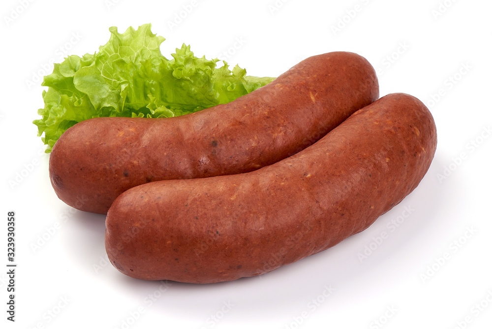 Beer sausages with fresh lettuce leaves, isolated on white background Beer sausages with fresh lettuce leaves, isolated on white background