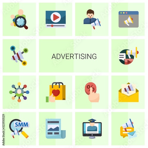 14 advertising flat icons set isolated on white background. Icons set with Social media marketing, Affiliate marketing, Brand engagement, Social campaign, Audience targeting icons.