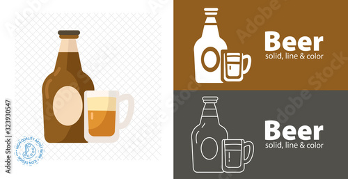 Bottle of beer with glass, flat design modern vector illustration.