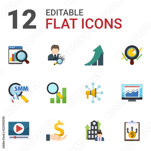 12 graph flat icons set isolated on white background. Icons set with Web analytics, tax consultant, growth, Social Marketing, Semantic Analysis, Marketing analytics, Video marketing icons.