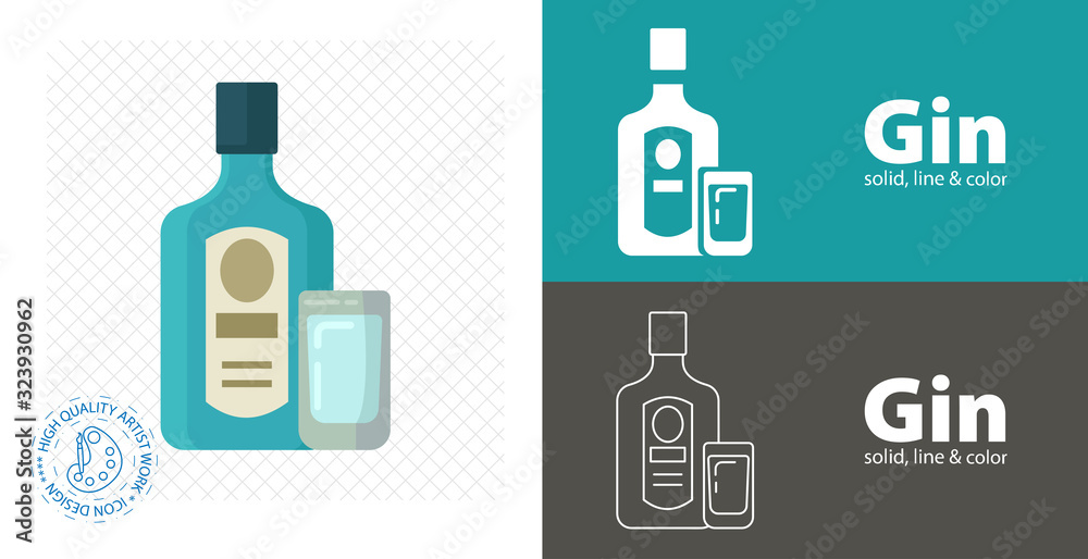 gin bottle with glass flat design. vector illustration. gin bottle with glass flat design. vector illustration.