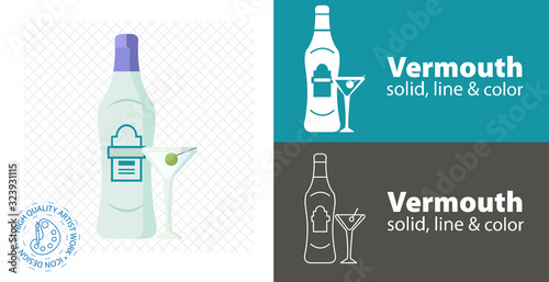 Vermouth bottle with glass flat design. vector illustration.
