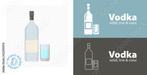 vodka bottle with glass flat design. vector illustration.