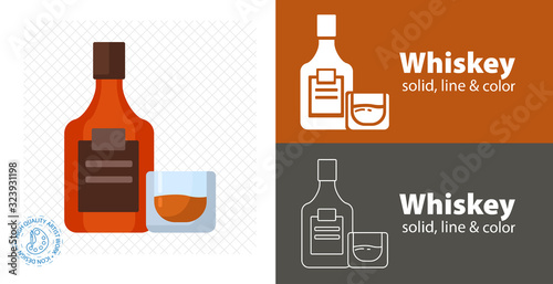 whiskey bottle with glass flat design. vector illustration.