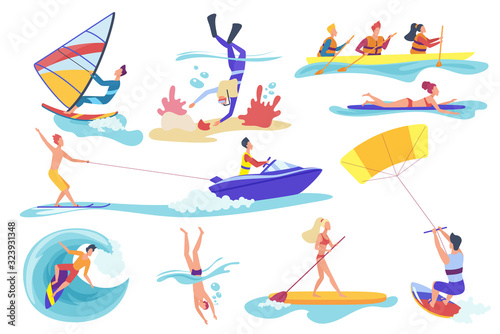 Flat cartoon different female male involved in water sports activities isolated on white background. Happy people swimming diving underwater, riding banana, kite surfing kayaking, vector illustration.