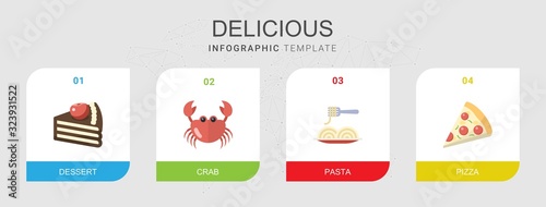 4 delicious flat icons set isolated on infographic template. Icons set with dessert, crab, Pasta, Pizza icons.